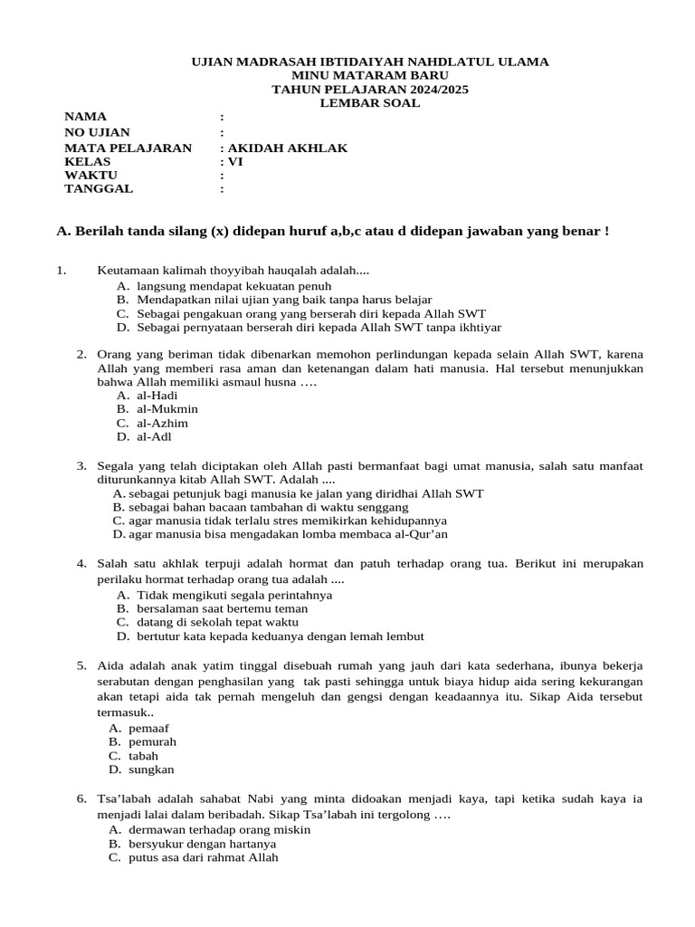 40 Soal Akidah Akhlak Kelas 6 Semester 1 yang Wajib Dicoba Biar Nilai Sempurna di 2026