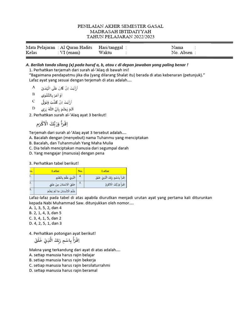 5 Soal Qur’an Hadits Kelas 6 Semester 1 Kurikulum 2013 Sering Muncul di Ujian 2026