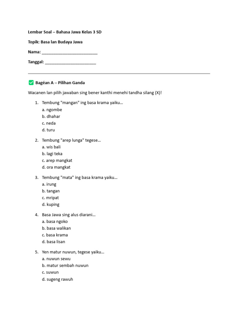 Soal Bahasa Jawa Kelas 3 SD PDF Soal Bahasa Jawa Kelas 3 SD PDF
