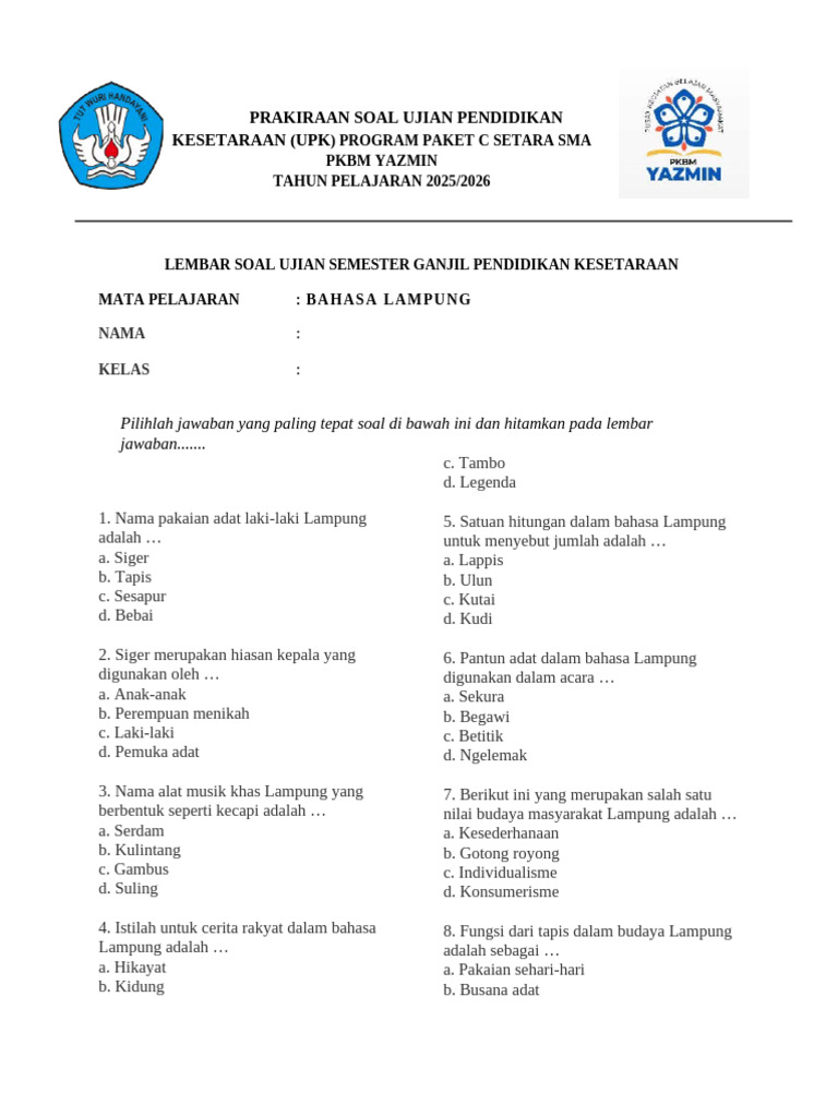 Soal Bahasa Lampung Kelas 6 UPK PDF