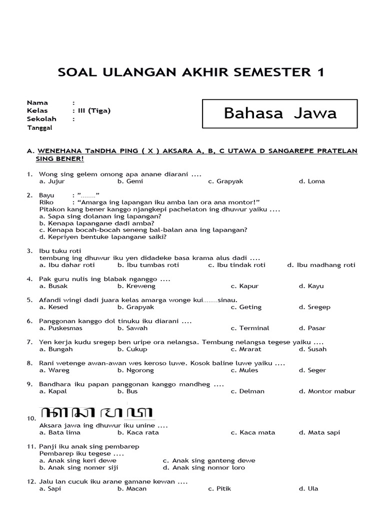 5 Contoh Soal B Jawa Kelas 3 Semester 2 Paling Sering Muncul di Ujian 2026, Wajib Kamu Kuasai