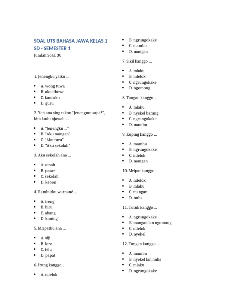Soal UTS Bahasa Jawa Kelas 1 SD PDF