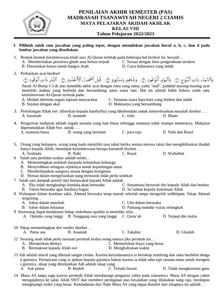 7 Contoh Soal Aqidah Akhlak Kelas 8 Semester 2 yang Wajib Dikuasai Sebelum Ujian 2026