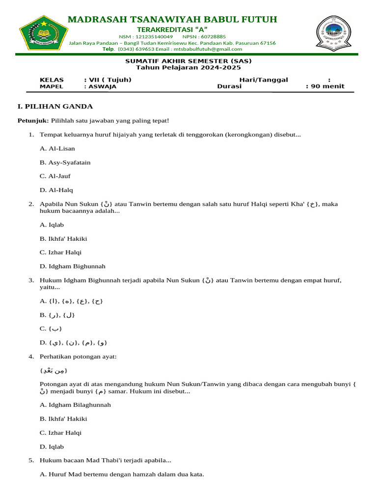 Soal ASWAJA Kelas VII dan VIII 2024-2025 PDF Soal ASWAJA Kelas VII dan VIII 2024-2025 PDF