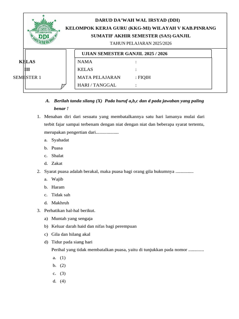 Soal Ujian Fiqih Kelas III Semester 1 PDF Soal Ujian Fiqih Kelas III Semester 1 PDF
