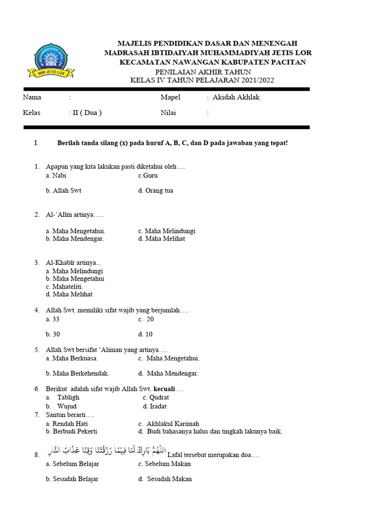 Soal Akidah Akhlak Kelas 2 SD PDF Agama Spiritualitas Soal Akidah Akhlak Kelas 2 SD PDF Agama Spiritualitas