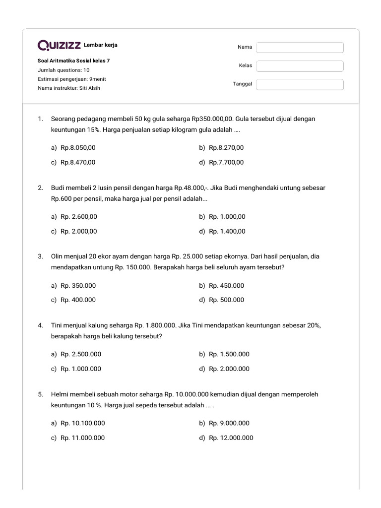 10 Contoh Soal Aritmatika Sosial Kelas 7 Semester 2 yang Sering Muncul di Ujian, Wajib Kamu Kuasai Sebelum Terlambat!