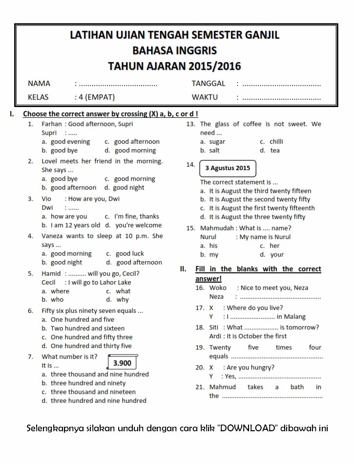 Free Download Soal UTS Bahasa Inggris Kelas 4 Terbaru 2026, 5 Paket Lengkap dengan Kunci Jawaban yang Wajib Dimiliki