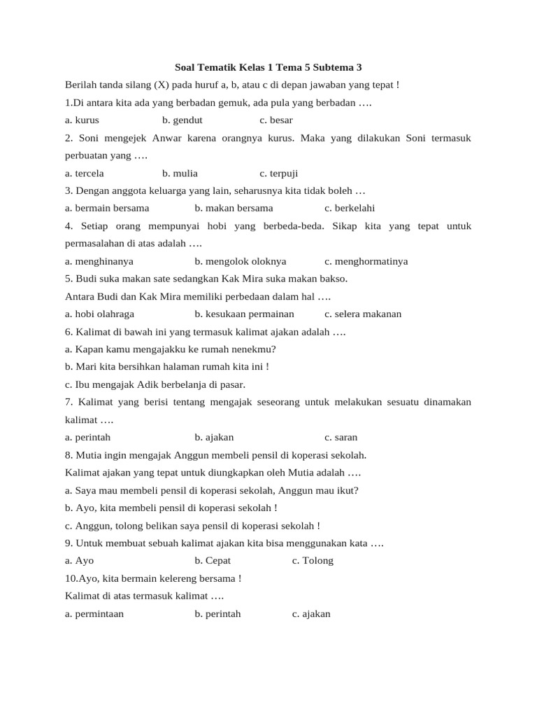 Soal Tematik Kelas 1 Tema 5 Subtema 3 PDF Soal Tematik Kelas 1 Tema 5 Subtema 3 PDF