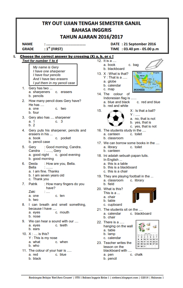 Soal Bahasa Inggris Kelas 1 Semester 1 - Piffle me Soal Bahasa Inggris Kelas 1 Semester 1 - Piffle me