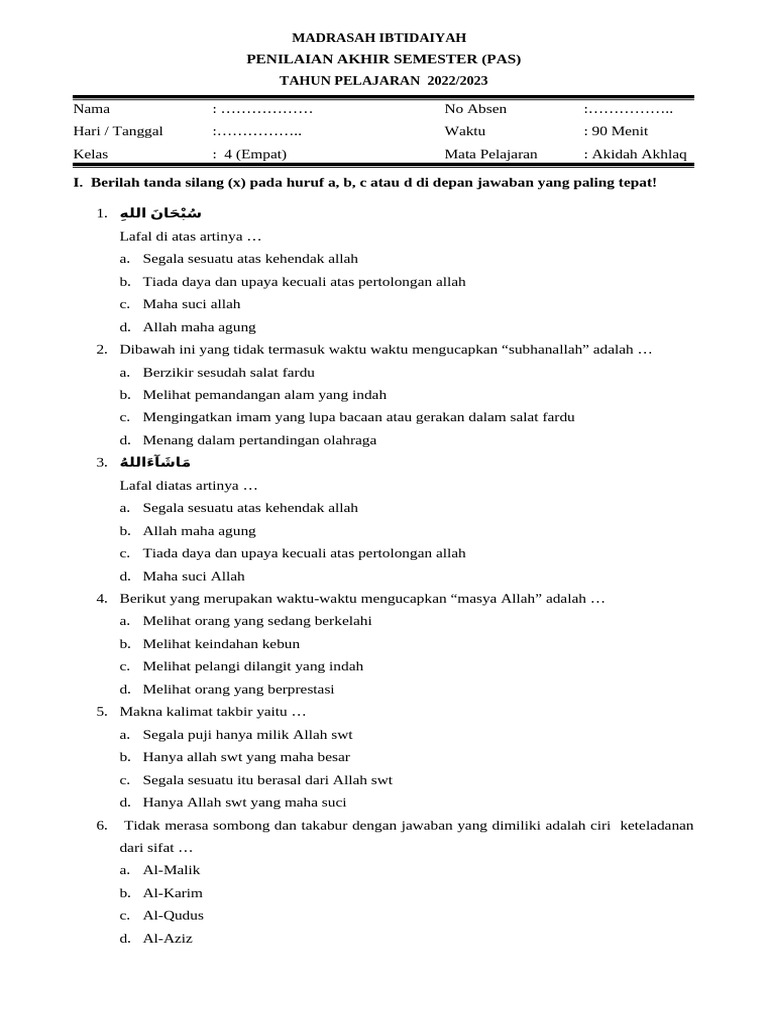 PAS Akidah Akhlak Kelas 4 MI Semester 1 PDF