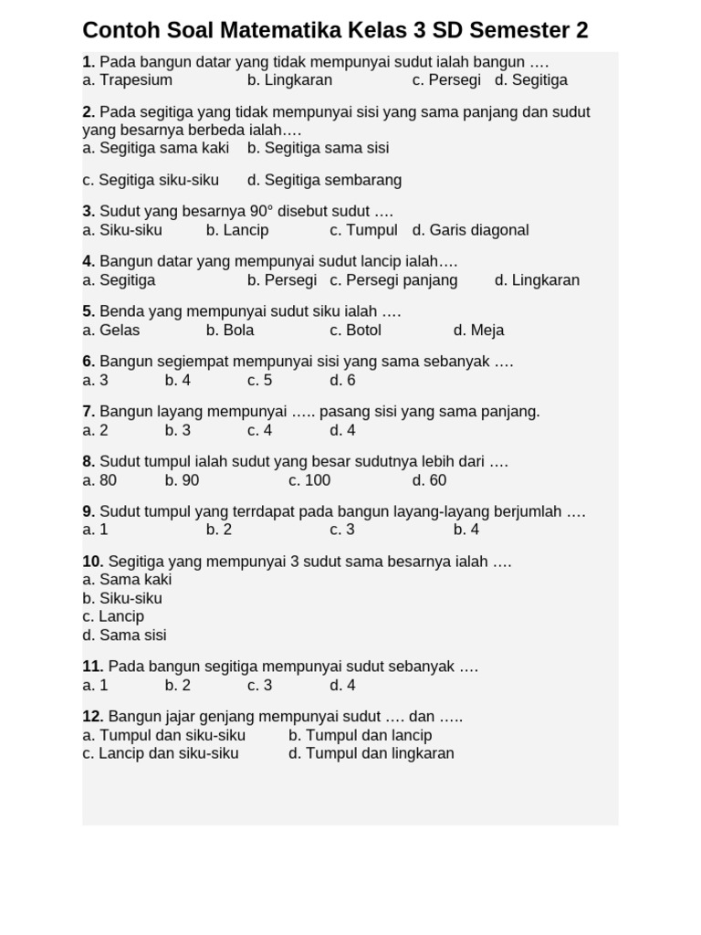 Contoh Soal Matematika Kelas 3 SD Semester 2 PDF Contoh Soal Matematika Kelas 3 SD Semester 2 PDF