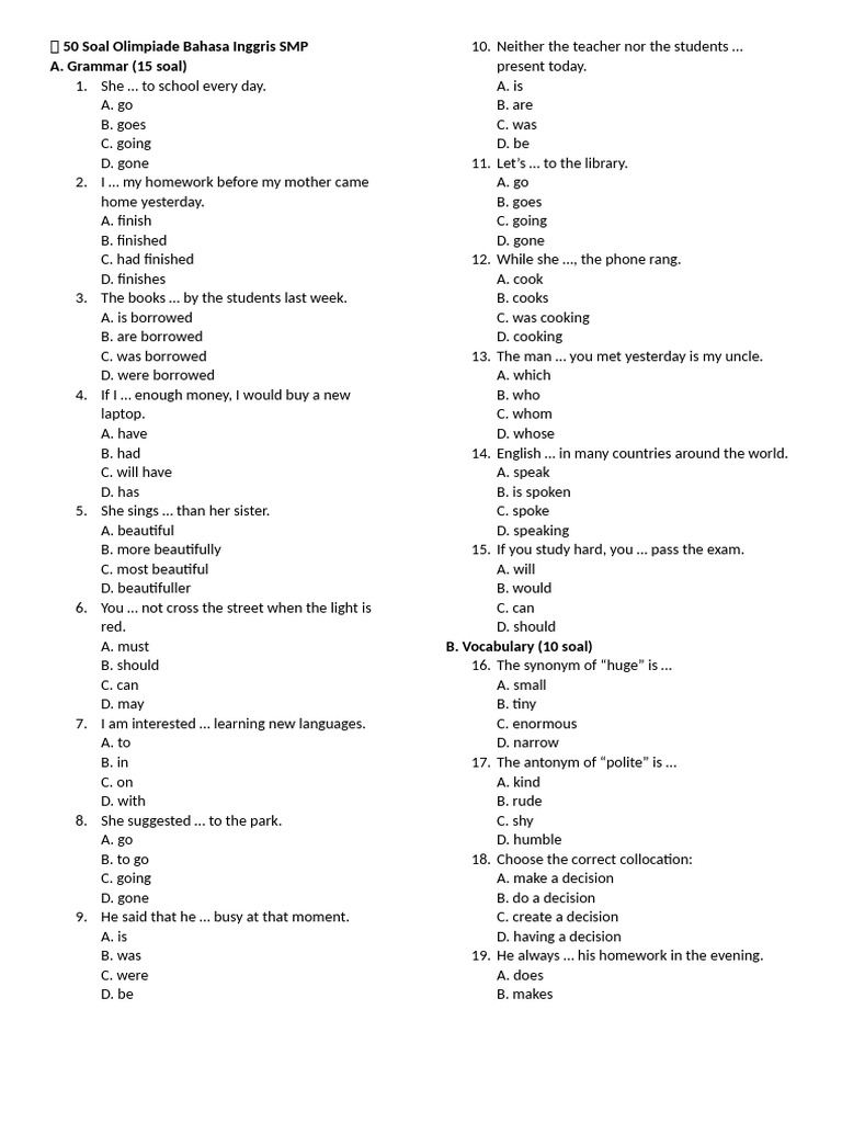 50 Soal Olimpiade Bahasa Inggris SMP PDF Giraffe Linguistics 50 Soal Olimpiade Bahasa Inggris SMP PDF Giraffe Linguistics