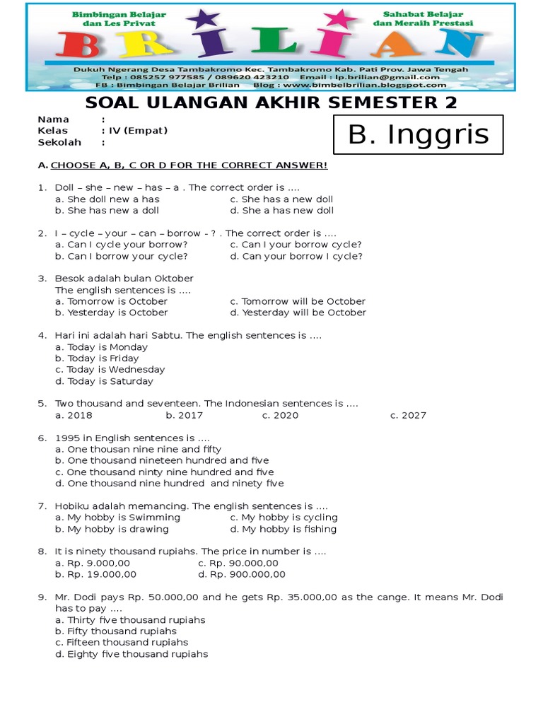 free download soal bahasa inggris kelas 4 sd semester 2
