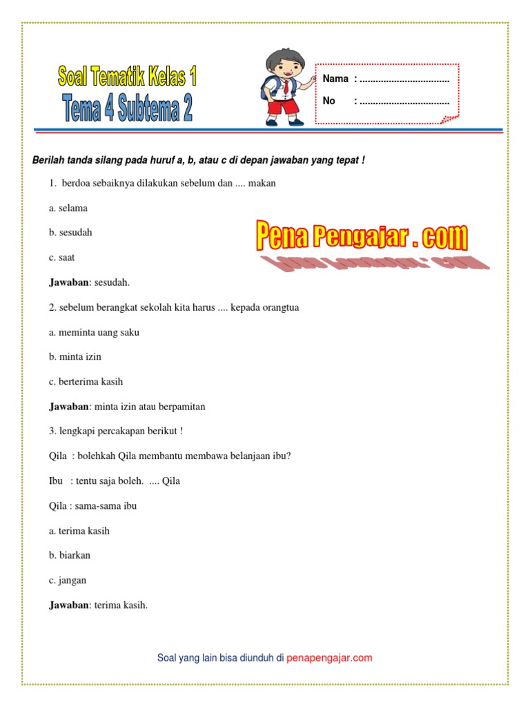 Terbukti 30 Contoh Soal Kelas 1 Tema 4 Subtema 2 Diriku Bantu Anak Paham, Cek Jawabnya