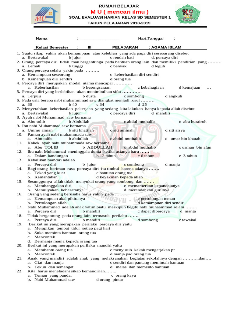 Wajib Tahu! Inilah Bocoran Soal UAS Agama Islam Kelas 3 Semester 2 Terbaru Wajib Tahu! Inilah Bocoran Soal UAS Agama Islam Kelas 3 Semester 2 Terbaru
